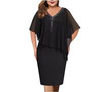Abito da sera in chiffon con scollo a V da donna taglie forti con mantello trasparente a maniche corte per madre della sposa, Nero , 5XL