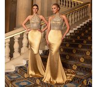 Abito da sera in raso a sirena con decorazioni di strass senza schienale, adatto per matrimoni, gale formali, cerimonie di laurea, può essere indossato anche come abito da ospite di matrimonio o per c