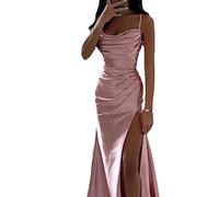 Abito da Sera in Raso Lungo Donna,Vestito Elegante Abito Senza Manica Abito Aderente Scollo A V Vestito da Cocktail Abito da Sera con Spacco Festa Cerimonia