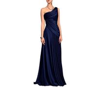 Abito da sera in raso viola prugna con una spalla, abito formale drappeggiato increspato con accento di perline, Blu marino scuro, 50