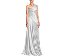 Abito da sera in raso viola prugna con una spalla, abito formale drappeggiato increspato con accento di perline, bianco, 50