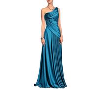 Abito da sera in raso viola prugna con una spalla, abito formale drappeggiato increspato con accento di perline, Blu oceano, 50