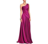 Abito da sera in raso viola prugna con una spalla, abito formale drappeggiato increspato con accento di perline, Fucsia, 50
