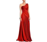 Abito da sera in raso viola prugna con una spalla, abito formale drappeggiato increspato con accento di perline, Rosso, 50