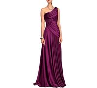 Abito da sera in raso viola prugna con una spalla, abito formale drappeggiato increspato con accento di perline, Orchidea, 50
