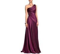 Abito da sera in raso viola prugna con una spalla, abito formale drappeggiato increspato con accento di perline, Uva, 50