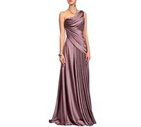 Abito da sera in raso viola prugna con una spalla, abito formale drappeggiato increspato con accento di perline, Rosa polvere, 50