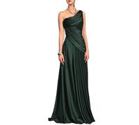 Abito da sera in raso viola prugna con una spalla, abito formale drappeggiato increspato con accento di perline, Verde scuro, 50