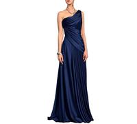 Abito da sera in raso viola prugna con una spalla, abito formale drappeggiato increspato con accento di perline, blu navy, 50