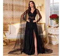 Abito da sera lunghi in chiffon con collo a V, vita drappeggiata, applicazioni in perle e maniche lunghe, adatto per feste, cerimonie, eventi formali e matrimoni L,M,S,XLColore unicoTessuto in tulle