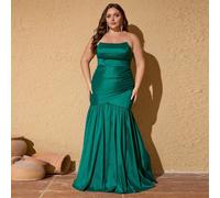 Abito da sera lungo a sirena verde taglia comoda, con design asimmetrico arricciato e laccetti, senza spalline 1XL,2XL,3XLColore unicoTessuto intrecciato