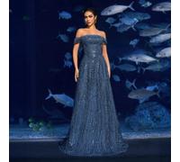 Abito da sera lungo con paillettes e perline, con spalle scoperte e lunghezza a terra, un meraviglioso abito da sogno ispirato all'ambiente sottomarino, perfetto per sfilate di moda acquatiche, feste 