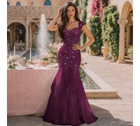 Abito da sera lungo con paillettes, pizzo floreale, scollo a cuore, maniche corte, strati in rete a contrasto e orlo stratificato, abito da festa formale per matrimonio autunnale L,M,S,XL,XXLColore un