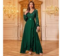 Abito da sera lungo con scollo a V, maniche a lanterna, balze e paillettes floreali in pizzo, elegante abito da cerimonia da donna, adatto per invitati a matrimoni, cerimonie di laurea, cene di gala e