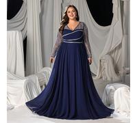 Abito da sera lungo con scollo a V profondo, impreziosito da perline, con maniche lunghe in tulle, linea ad A elegante e vestibilità valorizzante, adatto per gala in abito da sera, grandi banchetti, s