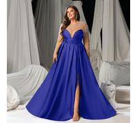 Abito da sera lungo con scollo a V profondo, maniche lunghe, in tessuto trasparente decorato con perline scintillanti sulle spalle e sulle maniche, vita stretta da una cintura larga e spacco alto sull