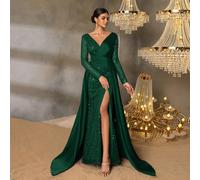 Abito da sera lungo con spacco alto e scollo a V, manica lunga, per donna. Design elegante adatto per eventi formali, red carpet, serate all'opera, ricevimenti di lusso per matrimoni, funzioni di racc