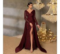 Abito da sera lungo con spacco alto e scollo a V, manica lunga, per donna. Design elegante adatto per gala formali, eventi sul red carpet, serate all'opera, ricevimenti di lusso per matrimoni, funzion