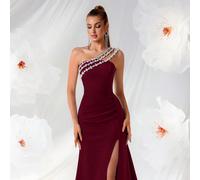 Abito da sera lungo con spacco, vita alta, arricciatura in vita, schiena scoperta, decorato con strass, adatto per feste, banchetti, cerimonie e matrimoni come abito da invitato L,M,S,XSColore unicoTe