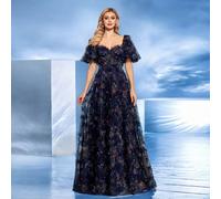 Abito da sera lungo da donna con stampa floreale, patchwork in rete 3D, scollo a cuore, elegante, formale, per ballo, matrimonio, ospite, cena, vacanza, autunno L,M,S,XL,XS,XXLFlorealeTessuto in magli