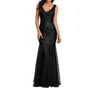 Abito da sera lungo da donna, elegante, con paillettes, doppio scollo a V, in pizzo, ricamato, aderente, abito da sera per donne, abiti formali di Natale per donne, taglie forti, Nero , XXL