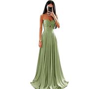 Abito da sera lungo da donna, in raso, senza spalline, da damigella d'onore, a trapezio, con volant., Verde salvia, L