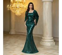 Abito da sera lungo e stretto in chiffon con paillettes, scollo quadrato e maniche a mantella, di temperamento, Marca UNITHORSE [taglio casuale] L,M,SColore unicoPaillettes