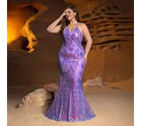 Abito da sera lungo ed elegante con scollo a V profondo per donne taglia curvy, design con schienale incrociato, orlo a sirena, tessuto stampato con paillettes, adatto per Capodanno, San Valentino, fe