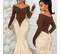 Abito da sera lungo elegante Amarilo, con spalle scoperte, volant, maniche lunghe asimmetriche, vita arricciata, realizzato in tessuto maglia elastico, adatto per Natale, Capodanno, laurea, ballo, aut