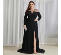 Abito da sera lungo elegante e raffinato, con spacchi profondi, arricchito da diamanti, in stile patchwork nero, per donne curvy. Adatto come abito da sposa, da cerimonia, per laurea, cena di gala o a