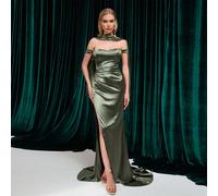 Abito da sera lungo fino ai piedi con spacco alto, design con fiocco sulle spalle, aderente, stile sirena per feste L,M,S,XL,XSColore unicoRaso