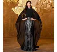 Abito da sera lungo in chiffon da donna con paillettes, colletto alto, maniche a mantello, strascico, abito formale per laurea, cena o festa L,M,SColore unicoPaillettes