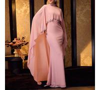 Abito da sera lungo in due pezzi da donna - mantella con colletto alla coreana, decorazioni in cristalli e gonna a sirena svasata, in tessuto di chiffon, silhouette aderente per feste, matrimoni ed ev