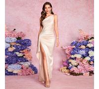 Abito da sera lungo in raso color champagne, elegante e sexy, minimalista, con spalla scoperta, arricciature e spacco, adatto come abito da damigella d'onore o per feste L,M,S,XLRaso