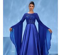 Abito da sera lungo in raso con scollo rotondo, decorato con paillettes blu e perline, che emana eleganza regale per balli e banchetti. Abito da sera di alta gamma adatto per la stagione dei balli di