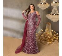 Abito da sera lungo monospalla a sirena con strisce di paillettes e perline, con drappeggio in tulle abbinato, perfetto per gala, matrimoni, cerimonie di premiazione e feste di lusso 1XL,2XL,3XL,4XL,5