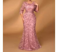 Abito da sera lungo stile sirena, elegante e romantico, taglia comoda, decorato con perline e cristalli, pizzo, colore blu navy, adatto a eventi formali, come vestito da invitato di matrimonio o per l