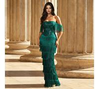 Abito da sera lungo verde con spalle scoperte, con paillettes e frange, abito da cerimonia, abito da ospite di matrimonio, abito da sera, primavera L,M,S,XL,XSColore unicoPaillettes