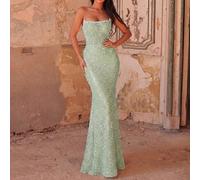 Abito da sera lussuoso e glamour a sirena, senza spalline, decorato con perline e paillettes, con scollo fittamente decorato, silhouette aderente con orlo a coda di pesce, adatto per matrimoni, gala,