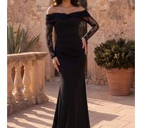 Abito da sera nero con spalle scoperte, maniche lunghe in pizzo, aderente a sirena, elegante per matrimonio, cena di prova, ballo di fine anno, estate, formale L,M,S,XL,XSPianteTessuto in maglia