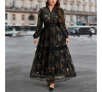 Abito da sera nero taglie forti per donna, abito da sposa elegante, abiti da festa eleganti per donna, outfit da pendolare per il Ringraziamento per donna, outfit natalizio con stampa in oro per donna