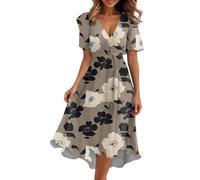 Abito da sera per matrimonio, ospite Midi da donna, con scollo a V, maniche corte, a balze, linea da cocktail con fiori, 4*khaki, XXL