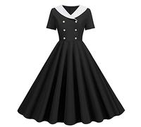 Abito da Sera Vintage per Donna, Anni 50 Stile Rockabilly, Gonna a Ruota Skater, Abito a Linea A con Scollo a V, Manica Corta con Bottoni, Nero , L