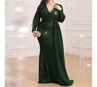 Abito da sirena elegante con scollo a V profondo, maniche lunghe, con paillettes, taglie comode, design avvolgente, perfetto per cene formali, grandi gale, matrimoni, vacanze, primavera 1XL,2XL,3XL,4X
