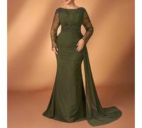 Abito da sirena in maglia elastica con maniche lunghe, design in perle e diamanti, adatto per matrimoni, feste, vacanze, spose, madri della sposa, abiti da sera eleganti da donna di taglia grande. Abi