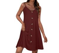 Abito da spiaggia da donna Estate Button Spaghetti Strap Bretelle Abiti Casual Scollo a V Senza maniche Solido Boho Abito Vacanza Breve Sundress Vendita Mini Abiti, vino, XL