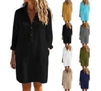 Abito da spiaggia da donna, estivo, a maniche lunghe, in mussola di cotone, casual, con bottoni, scollo a V, poncho da spiaggia, Nero-B, M