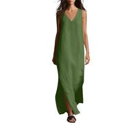 Abito da spiaggia da donna, estivo, senza maniche, con scollo a V, leggero e arioso, in mussola con spacco, tinta unita, stile bohémien, tunica da spiaggia, elegante, per il lavoro, verde, S