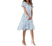 Abito da spiaggia da donna, taglie forti, estivo, elegante, lungo, con scollo a V, per il tempo libero, linea ad A, maniche corte, abito plissettato, maxi abito estivo, Azzurro, s