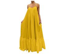 Abito da spiaggia da donna, taglie grandi, senza maniche, linea ad A, casual, basic, con spalline sottili, abito da cocktail, abito da sera, abito lungo, giallo., M